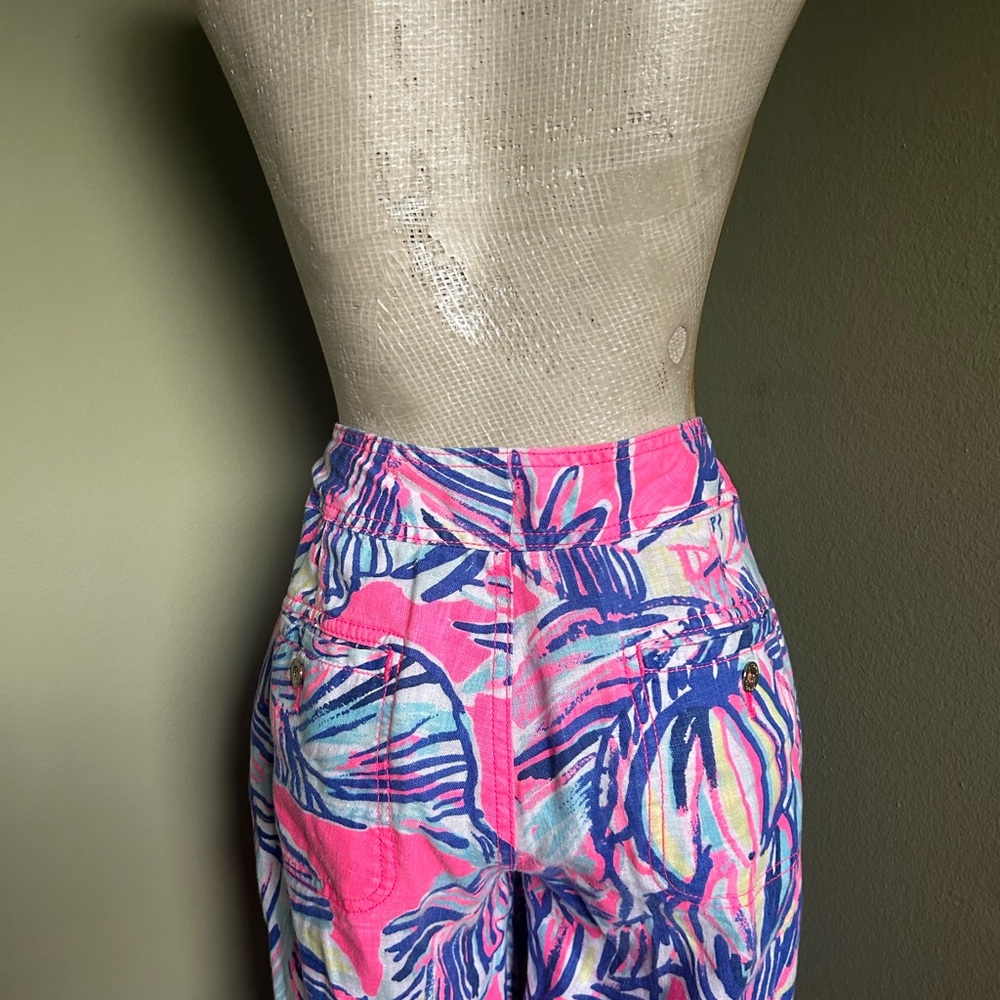 Lilly Pulitzer Linen Floral Print Drawstring Flare Pants Sz 4 - Picture 4 of 11